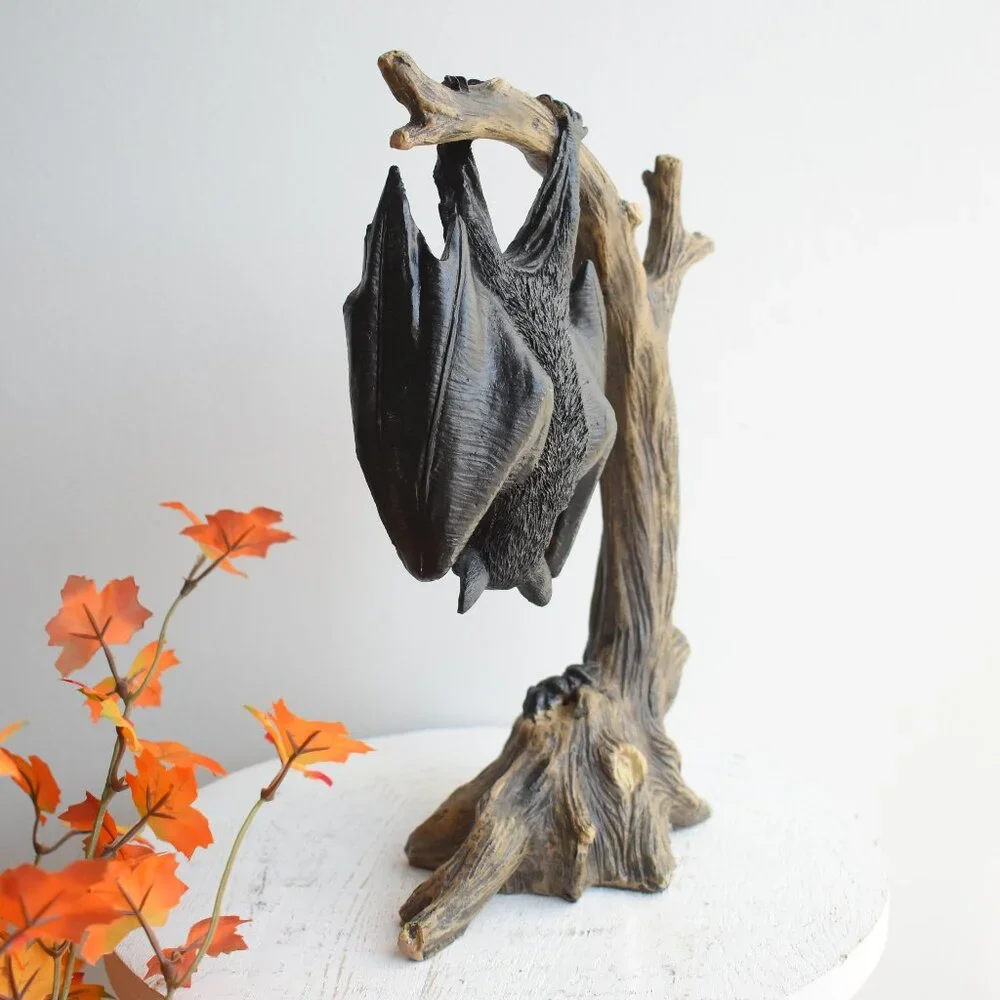 Ashland Resin Black Bat Hanging From Branch Rustic Witchy Gothic Halloween Decor